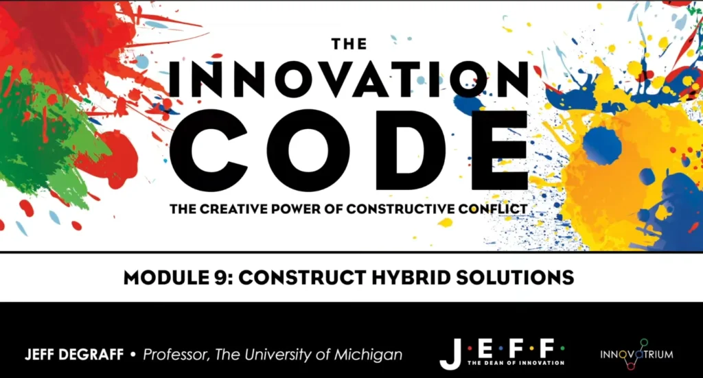 Colorful paint splatter design with 'The Innovation Code' title and 'Module 9: Construct Hybrid Solutions' subtitle featuring Jeff DeGraff branding